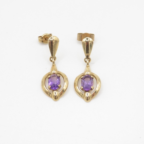 224 - 9ct gold amethyst drop earrings (1.9g)