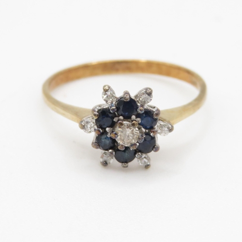 34 - 9ct gold diamond & sapphire cluster dress ring (1.7g) Size O