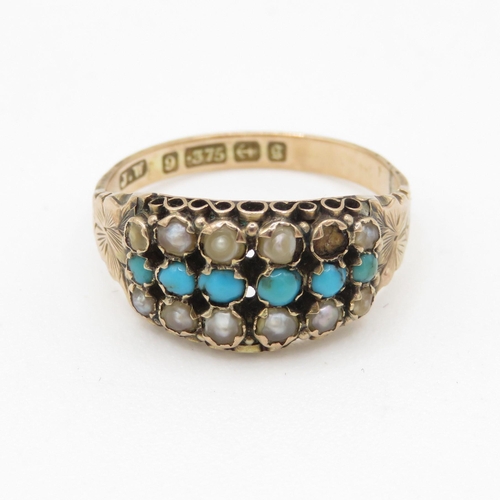 38 - 9ct rose gold Victorian split pearl & turquoise multi row band ring - as found (1.9g)