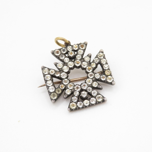 6 - 9ct gold & silver Georgian black dot paste cross brooch (5.5g)