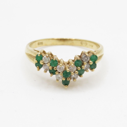 61 - 14ct gold emerald & diamond cluster dress ring (2.5g) Size N 1/2