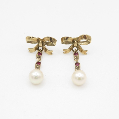 64 - 9ct gold pearl & ruby drop earrings (3.3g)