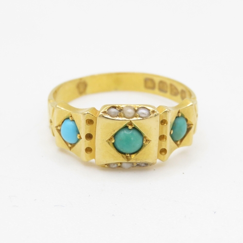 66 - 18ct gold turquoise & split pearl dress ring (3.9g) Size O