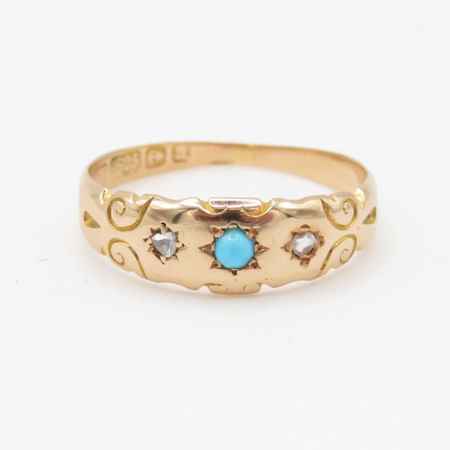 71 - 15ct gold turquoise & diamond trilogy star set dress ring (2.1g) Size N