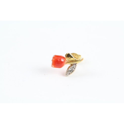 103 - 9ct gold diamond & coral floral stud earrings (1.2g)