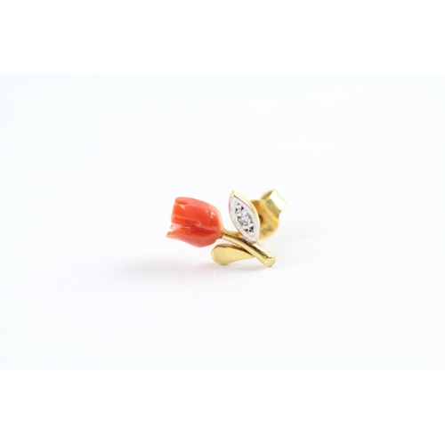 103 - 9ct gold diamond & coral floral stud earrings (1.2g)