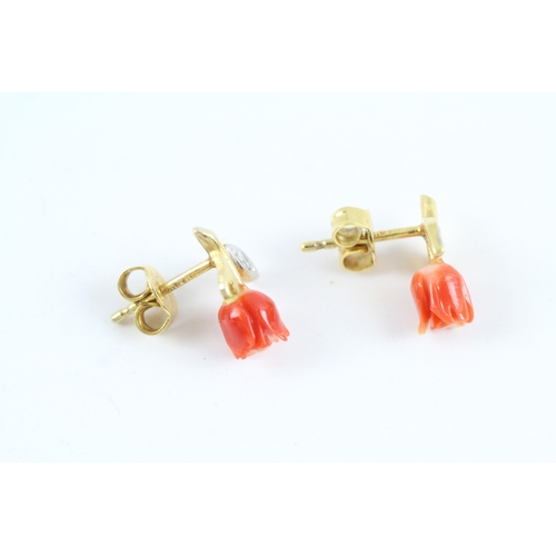 103 - 9ct gold diamond & coral floral stud earrings (1.2g)