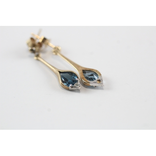 106 - 9ct gold diamond & blue gemstone drop earrings (2.1g)