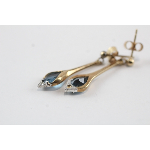 106 - 9ct gold diamond & blue gemstone drop earrings (2.1g)