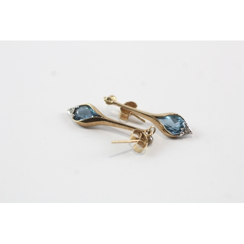 106 - 9ct gold diamond & blue gemstone drop earrings (2.1g)