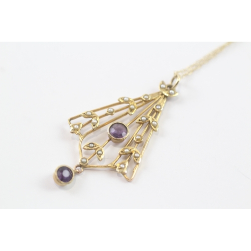 114 - 9ct gold Edwardian amethyst & seed pearl pendant necklace (3.4g)