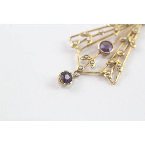 114 - 9ct gold Edwardian amethyst & seed pearl pendant necklace (3.4g)