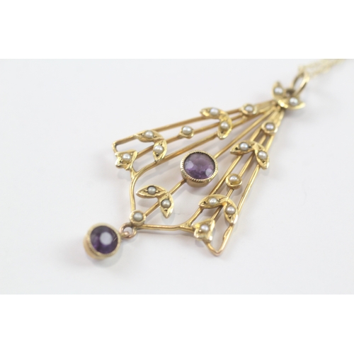 114 - 9ct gold Edwardian amethyst & seed pearl pendant necklace (3.4g)