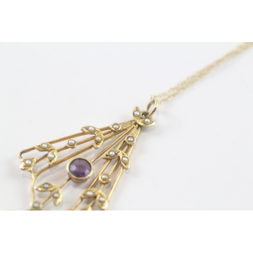 114 - 9ct gold Edwardian amethyst & seed pearl pendant necklace (3.4g)