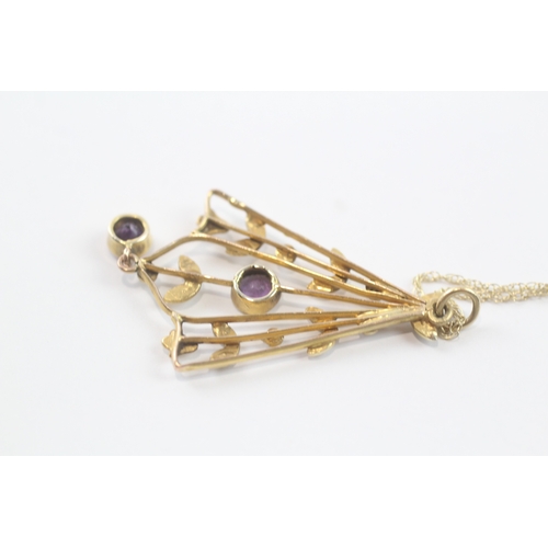 114 - 9ct gold Edwardian amethyst & seed pearl pendant necklace (3.4g)