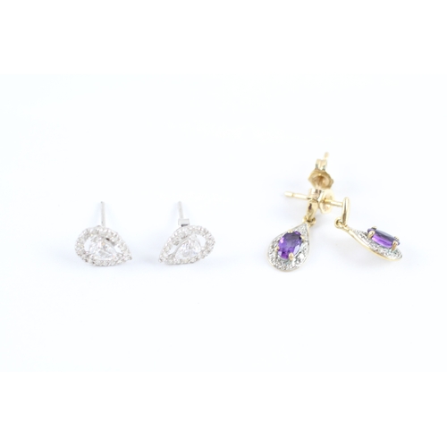 115 - 9ct white gold white gemstone & amethyst stud earrings & yellow gold stud earrings set (1.6g)