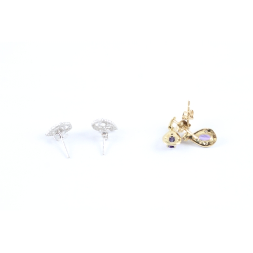 115 - 9ct white gold white gemstone & amethyst stud earrings & yellow gold stud earrings set (1.6g)