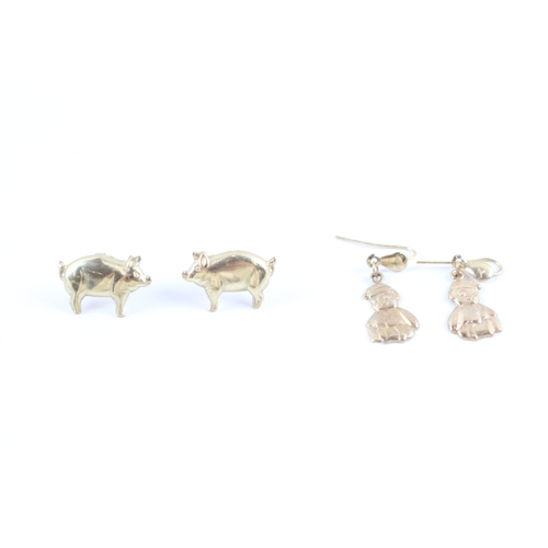 116 - 9ct gold x2 pig stud earrings & teddy bear drop earrings set (1.1g)