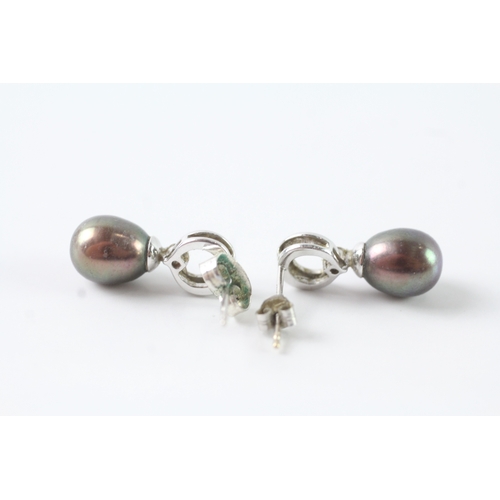 125 - 9ct white gold cultured pearl & diamond drop earring (2.6g)