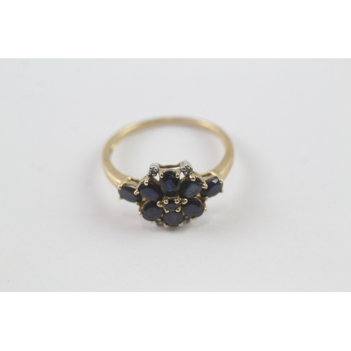 131 - 9ct gold sapphire & diamond floral cluster dress ring (2.2g) Size Q