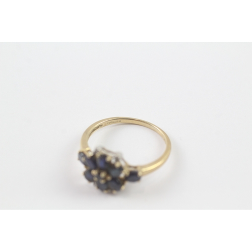 131 - 9ct gold sapphire & diamond floral cluster dress ring (2.2g) Size Q