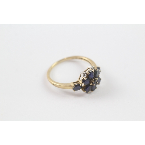 131 - 9ct gold sapphire & diamond floral cluster dress ring (2.2g) Size Q