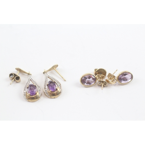 141 - 9ct gold x2 diamond & amethyst drop earrings & tear drop earrings set (3.2g)