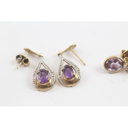 141 - 9ct gold x2 diamond & amethyst drop earrings & tear drop earrings set (3.2g)