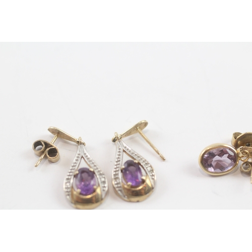 141 - 9ct gold x2 diamond & amethyst drop earrings & tear drop earrings set (3.2g)