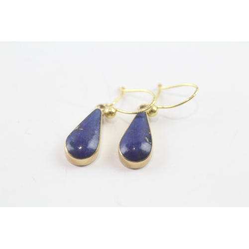 143 - 9ct gold lapis teardrop drop earrings (2g)