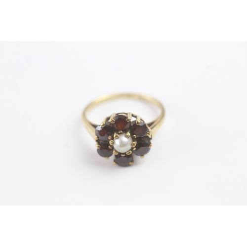 157 - 9ct gold vintage seed pearl & garnet cluster ring (2.9g) Size L 1/2