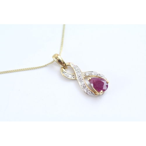 160 - 9ct gold pear cut ruby & diamond pendant necklace (1.5g)