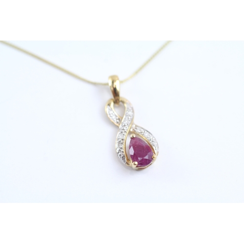 160 - 9ct gold pear cut ruby & diamond pendant necklace (1.5g)