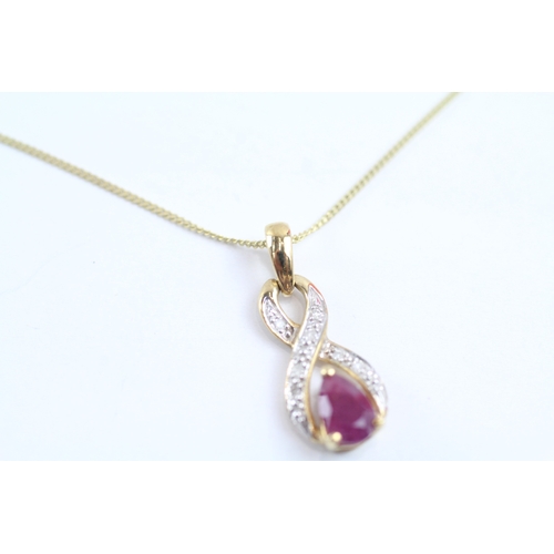 160 - 9ct gold pear cut ruby & diamond pendant necklace (1.5g)