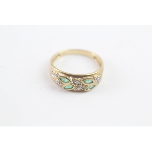 162 - 9ct gold marquise cut emerald & diamond patterned dress ring (1.9g) Size P