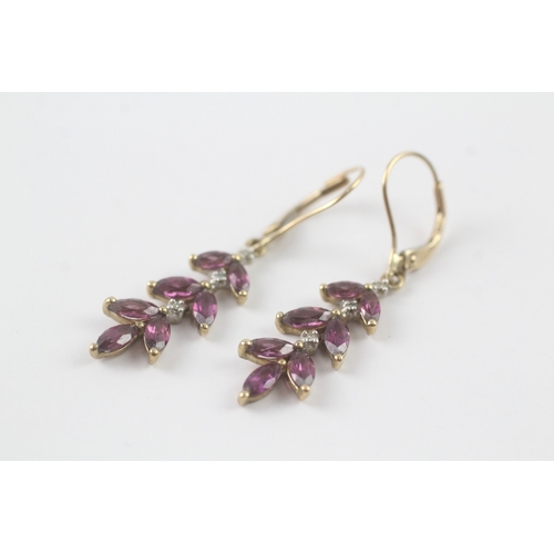 166 - 9ct gold marquise cut purple gemstone & diamond foliate drop earrings (2.5g)