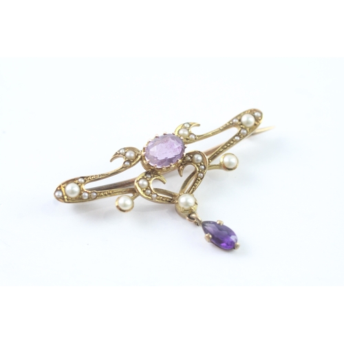 173 - 14ct gold amethyst and pearl brooch (3.6g)