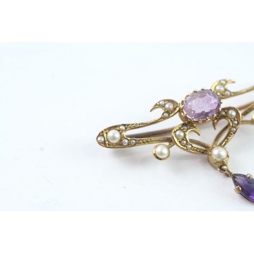 173 - 14ct gold amethyst and pearl brooch (3.6g)