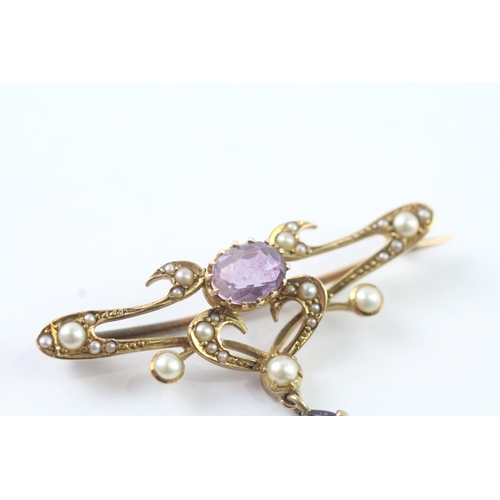 173 - 14ct gold amethyst and pearl brooch (3.6g)