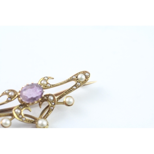 173 - 14ct gold amethyst and pearl brooch (3.6g)