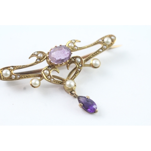 173 - 14ct gold amethyst and pearl brooch (3.6g)