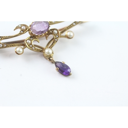 173 - 14ct gold amethyst and pearl brooch (3.6g)