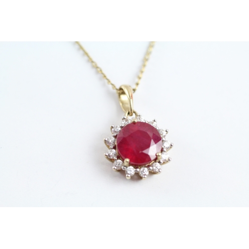 178 - 9ct gold diamond and red gemstone cluster pendant necklace (3.1g)