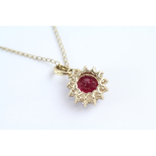 178 - 9ct gold diamond and red gemstone cluster pendant necklace (3.1g)