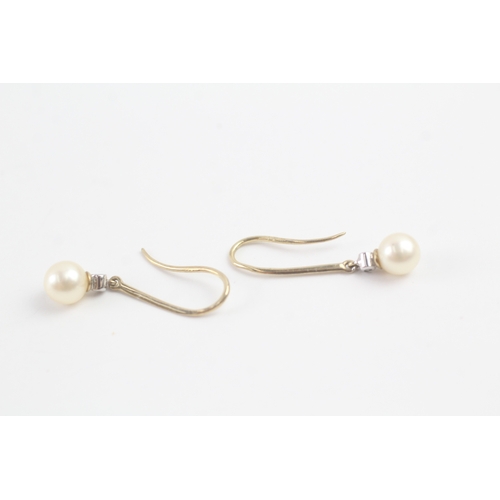 184 - 9ct gold cultured pearl & diamond drop earrings (1.4g)