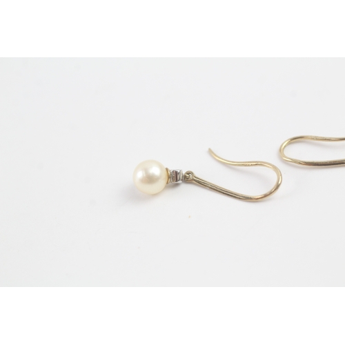 184 - 9ct gold cultured pearl & diamond drop earrings (1.4g)