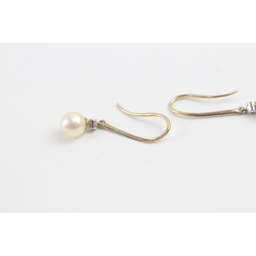 184 - 9ct gold cultured pearl & diamond drop earrings (1.4g)