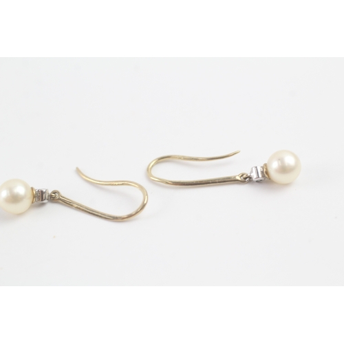 184 - 9ct gold cultured pearl & diamond drop earrings (1.4g)