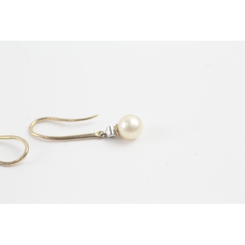 184 - 9ct gold cultured pearl & diamond drop earrings (1.4g)