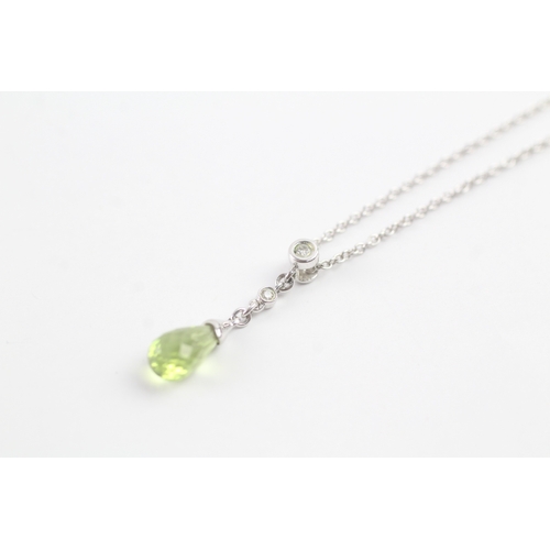 189 - 9ct gold faceted peridot & diamond drop pendant necklace (2g)